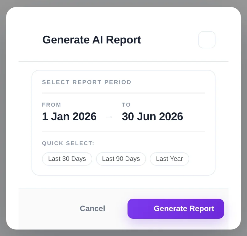 Generate AI Report modal u SpectoQ-u: izbor perioda izvještaja