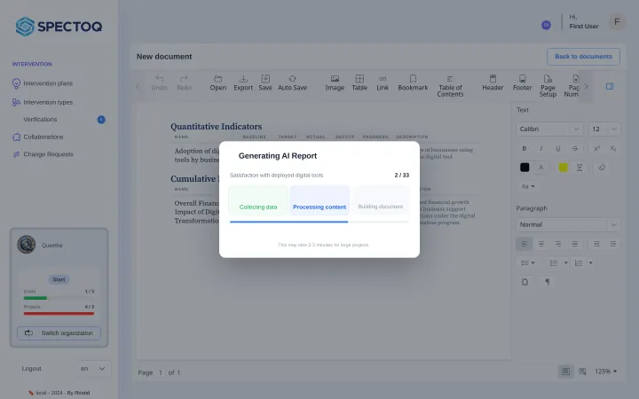 SpectoQ generating an AI report, with the indicators counted step by step