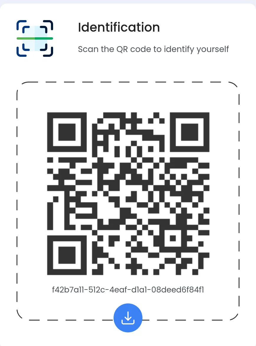 Kartica Identification iz učenikovog naloga, sa uputom da se QR kod skenira radi identifikacije, kodom u isprekidanom okviru, identifikatorom ispod njega i dugmetom za preuzimanje.