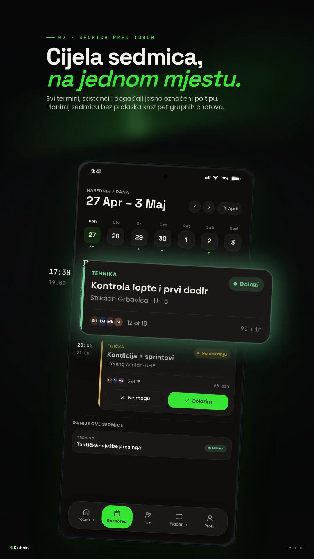 Sedmični raspored s terminima označenim po tipu, potvrdom dolaska na kartici treninga i prisustvom s ranijih termina