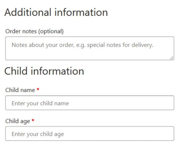 Sekcija Child information dodana ispod polja za napomenu, ime i godine djeteta oba obavezna.