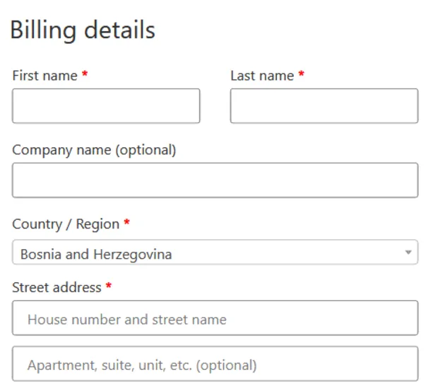 Postojeća WooCommerce stranica naplate, kolona sa podacima kupca, ime, firma, država i adresa.