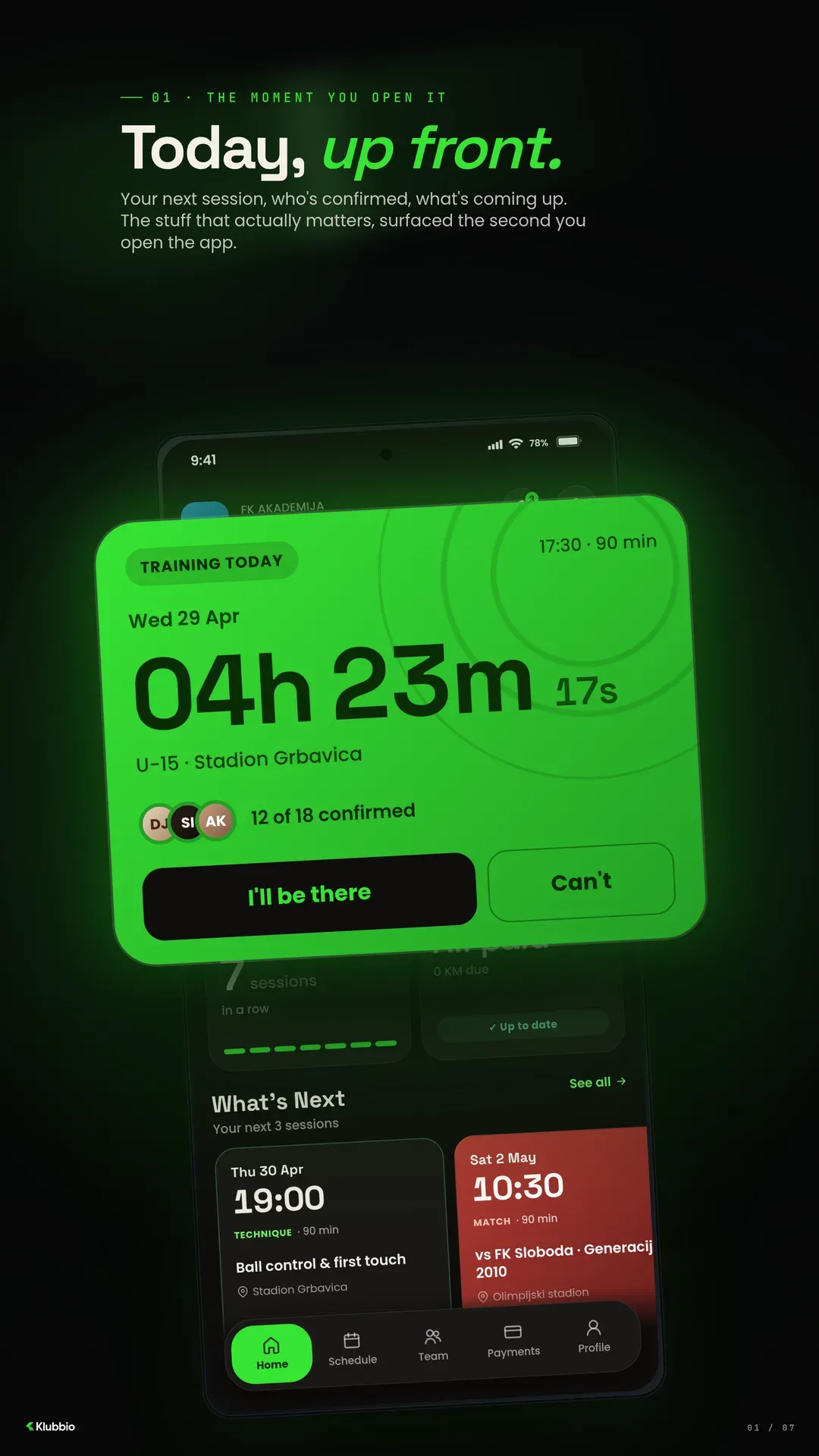 The home screen: a countdown to the next training, how many have confirmed, the run of sessions attended, what is owed and the next three sessions