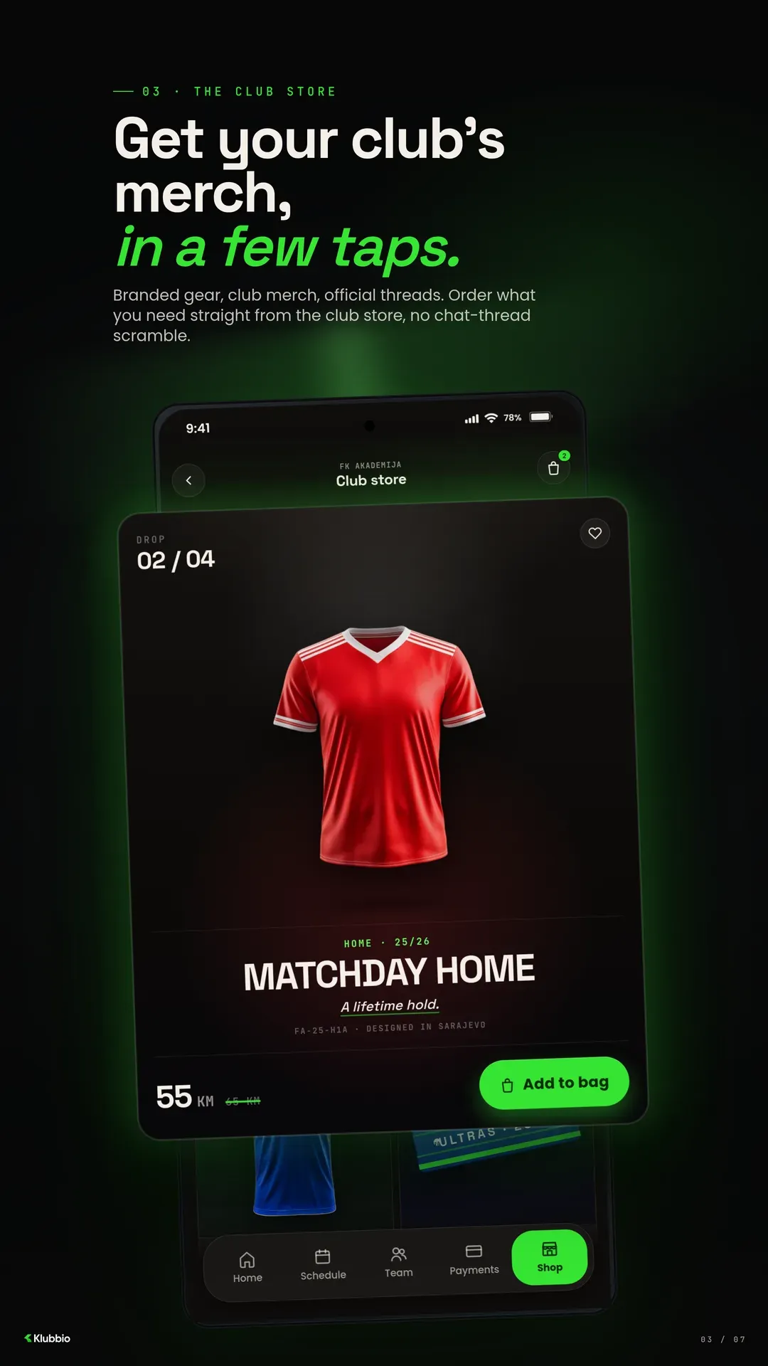 The club store with kit and gear, sizes, and an order placed without leaving the app