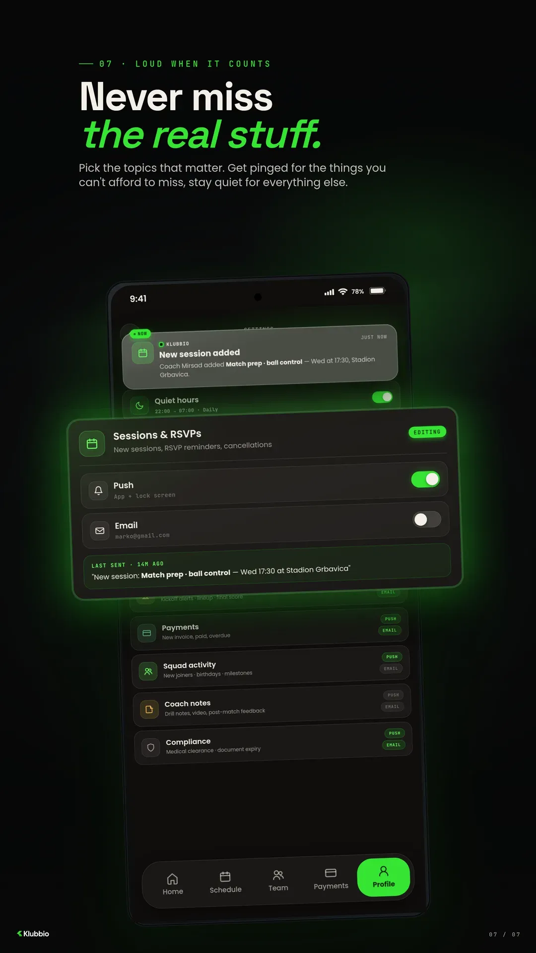 Notification settings where each topic separately picks push, e-mail, both or nothing