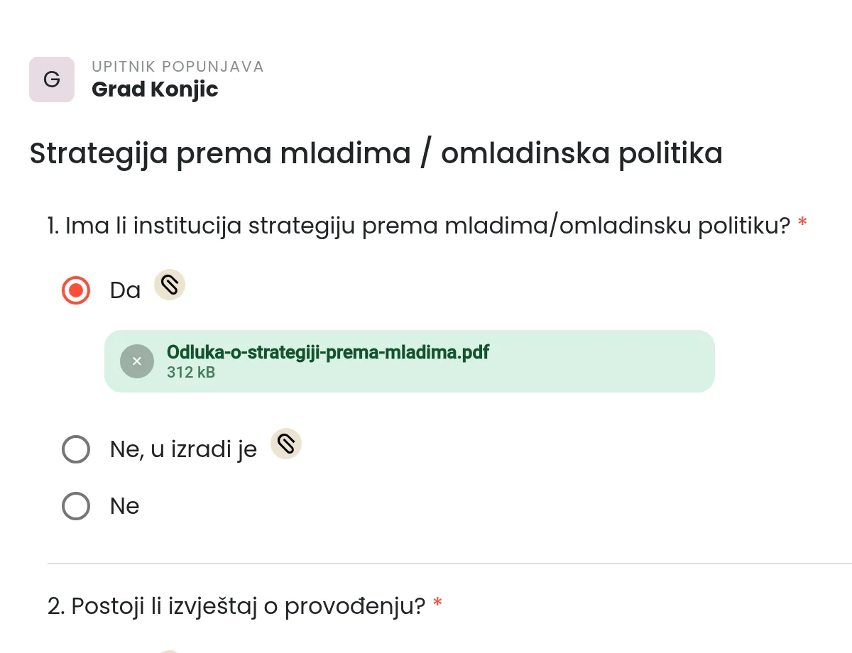 Upitnik u aplikaciji za institucije: potvrdan odgovor sa priloženim dokumentom