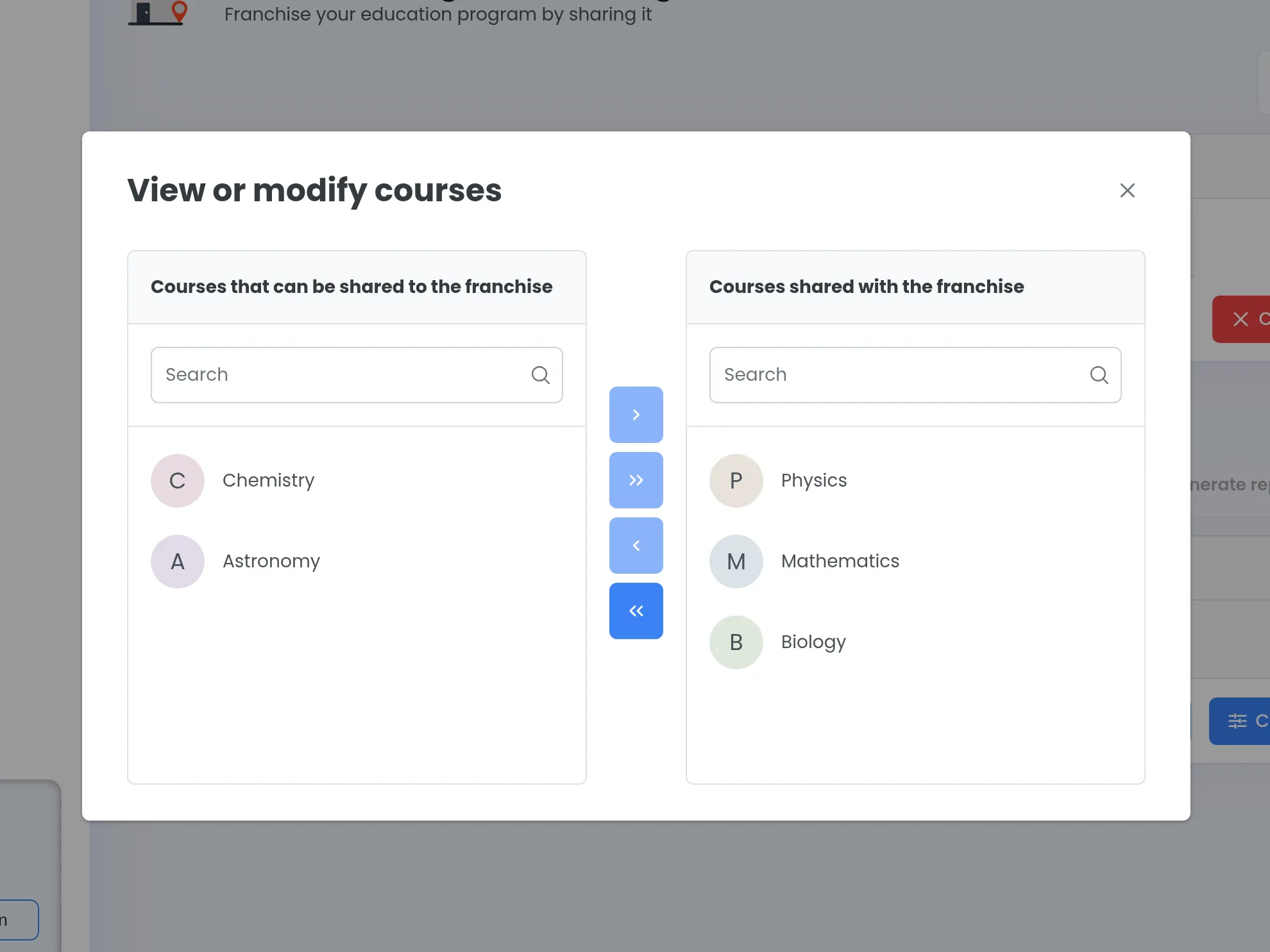 Dijalog View or modify courses u aplikaciji, sa kursevima podijeljenim franšizi, i tabelom franšiziranih škola ispod njega.
