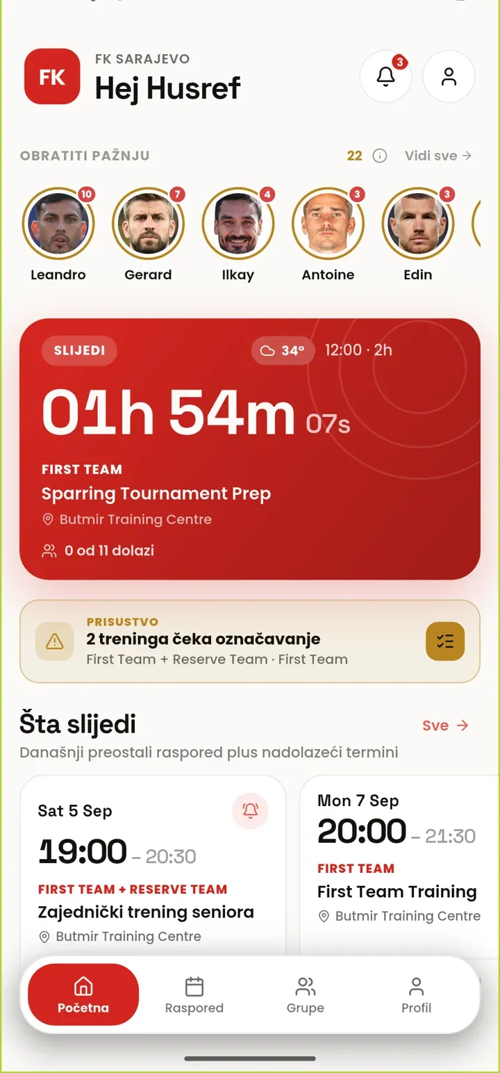 Klubbio home screen with the next training and the members to watch