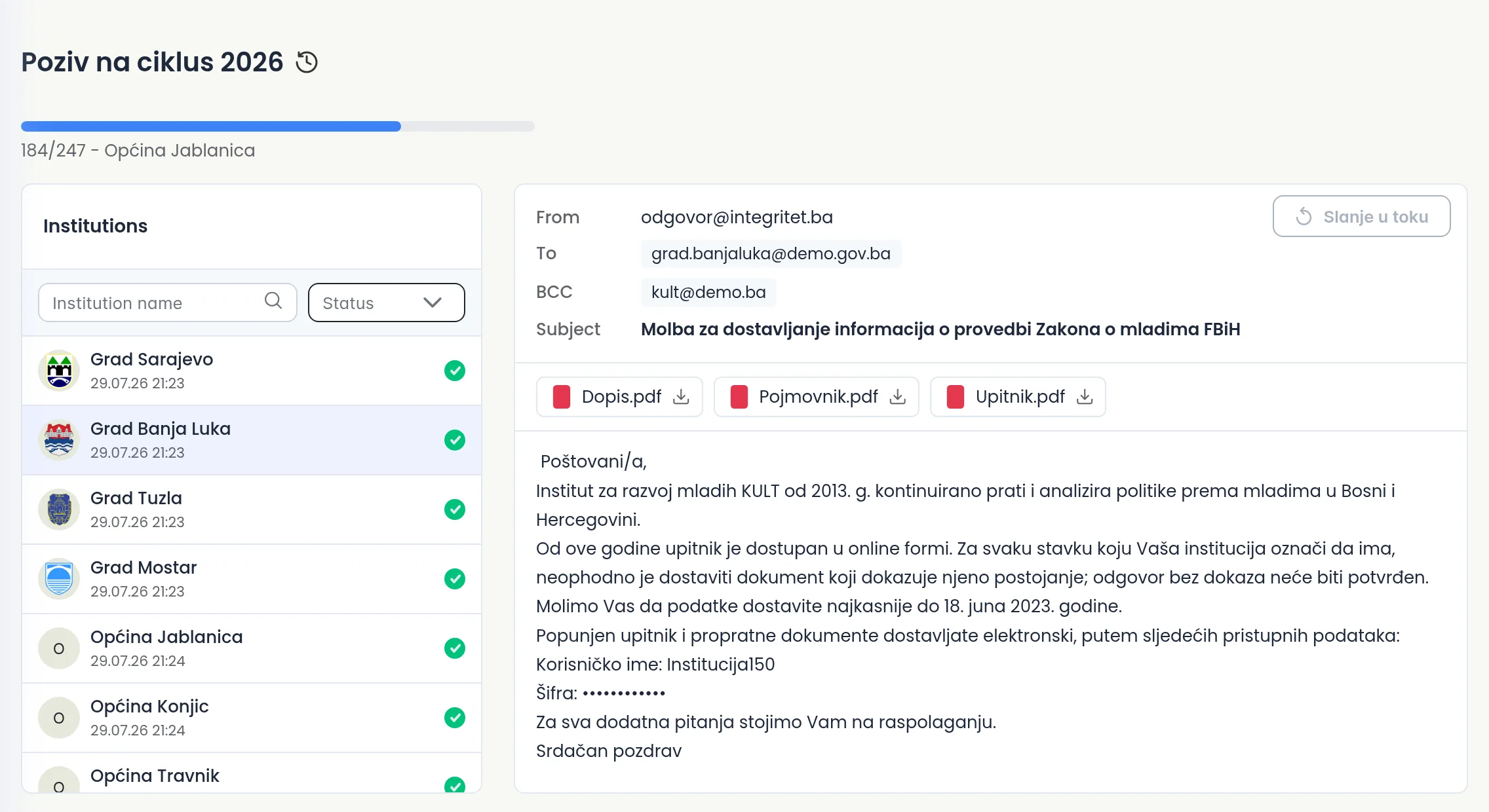 Slanje dopisa u toku: napredak kampanje, mail sa prilozima i institucije kojima je poslano