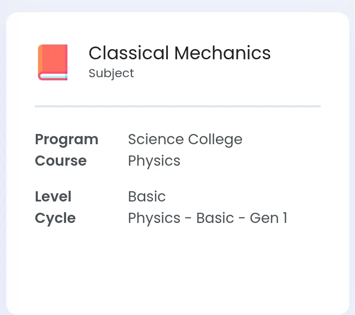 Kartica predmeta tog časa, Classical Mechanics, sa programom, kursom, nivoom i ciklusom kojem pripada ispod nje.