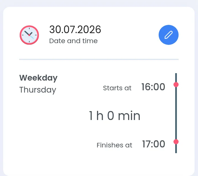 Kartica datuma i vremena časa, četvrtak 30.07.2026, od 16:00 do 17:00, u trajanju od jednog sata.